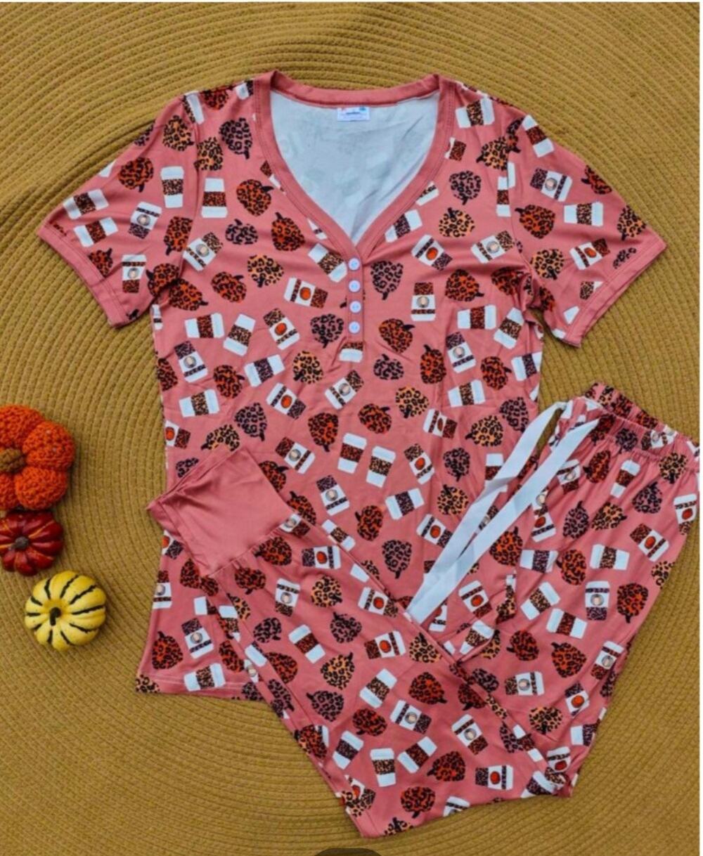 Shirley & Stone pajama set top and jogger bottoms fall pumpkin coffee latte NWT